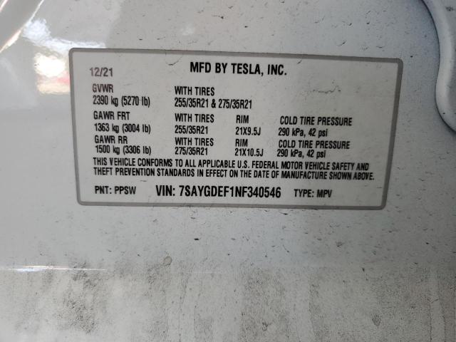 7SAYGDEF1NF340546 - 2022 TESLA MODEL Y WHITE photo 13