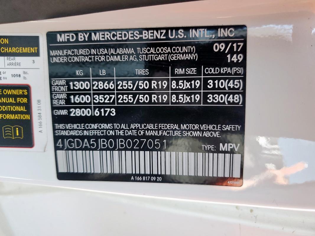 4JGDA5JB0JB027051 - 2018 MERCEDES-BENZ GLE 350 Ақ фото 12