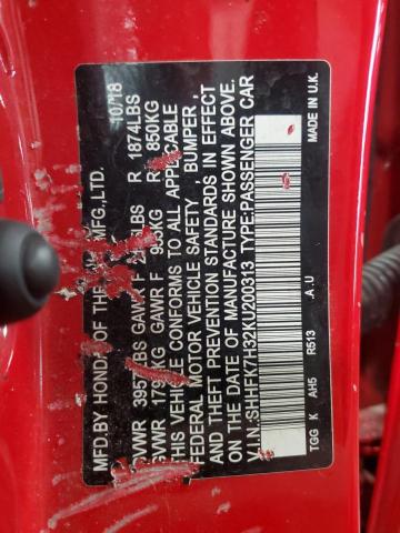 SHHFK7H32KU200313 - 2019 HONDA CIVIC LX 红色 照片 12
