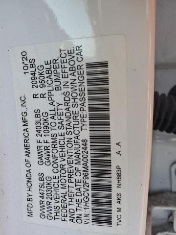 1HGCV2F96MA002448 - 2021 HONDA ACCORD TOURING WHITE photo 12