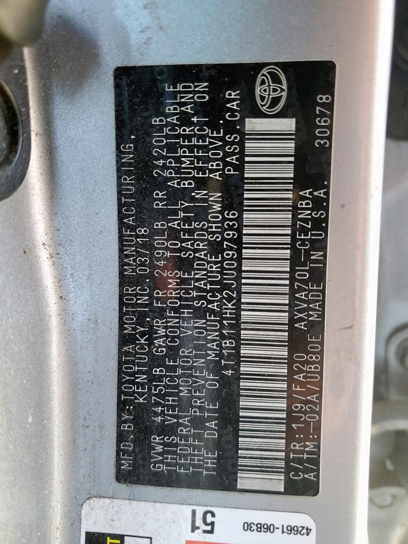 4T1B11HK2JU097936 - 2018 TOYOTA CAMRY L SILVER photo 12