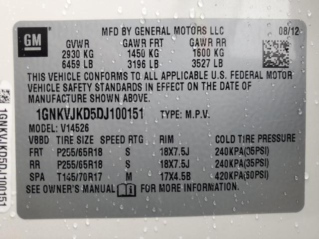 1GNKVJKD5DJ100151 - 2013 CHEVROLET TRAVERSE LT WHITE photo 13