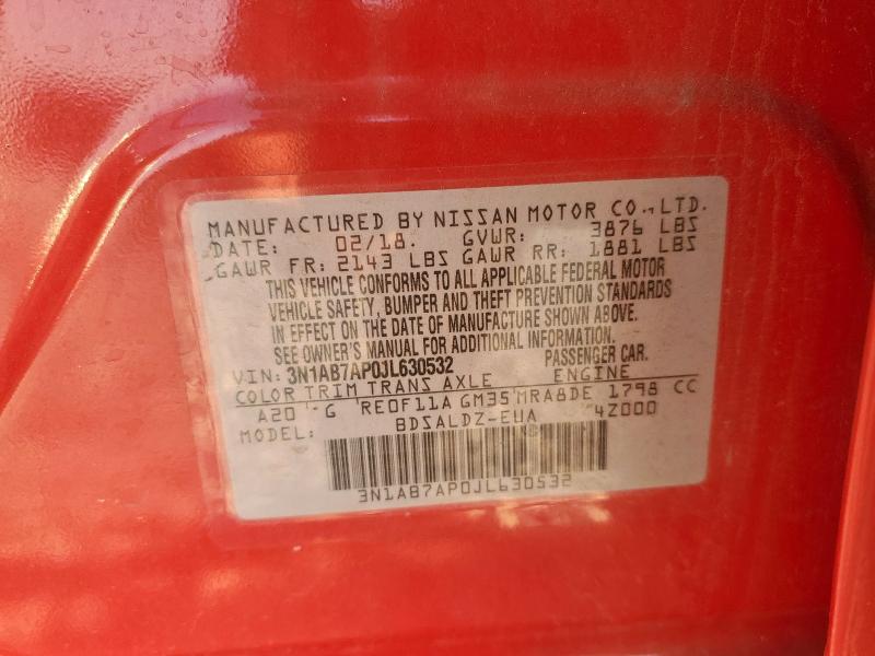 3N1AB7AP0JL630532 - 2018 NISSAN SENTRA S 红色 照片 13