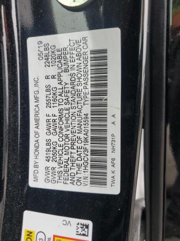 1HGCV3F19KA015594 - 2019 HONDA ACCORD HYBRID BLACK photo 12