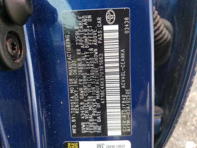 4T1BE46K67U181663 - 2007 TOYOTA CAMRY CE ლურჯი ფოტო 12