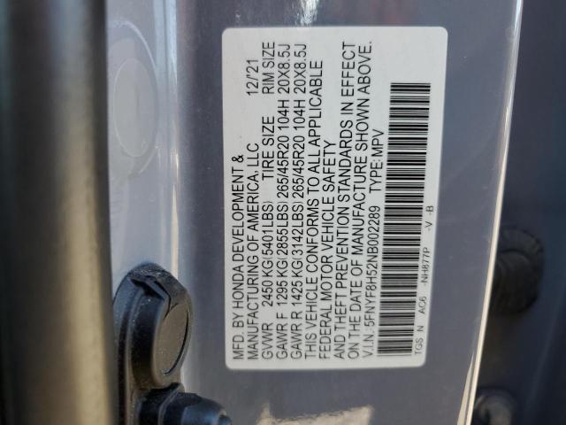 5FNYF8H52NB002289 - 2022 HONDA PASSPORT EXL GRAY photo 13