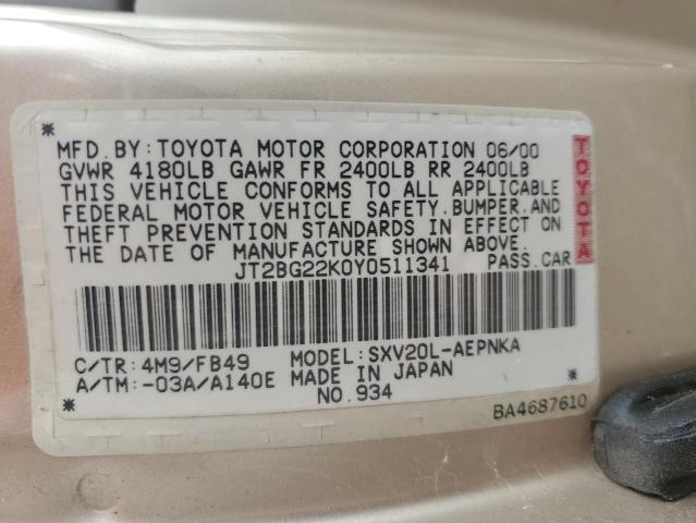 JT2BG22K0Y0511341 - 2000 TOYOTA CAMRY CE TAN photo 12