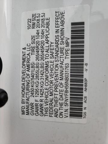 5FNYF8H56NB031763 - 2022 HONDA PASSPORT EXL WHITE photo 13
