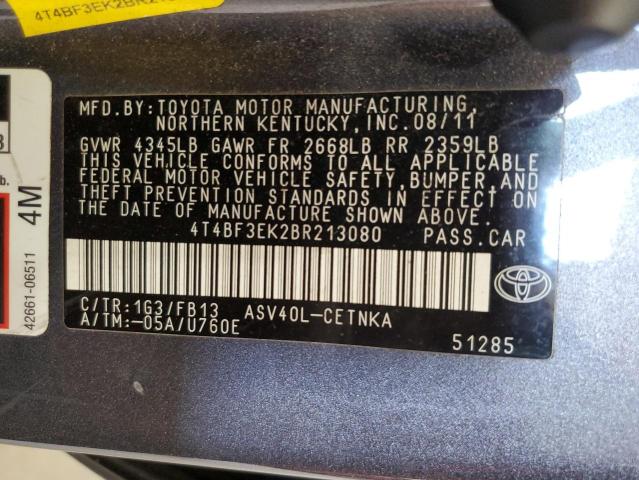 4T4BF3EK2BR213080 - 2011 TOYOTA CAMRY BASE GRAY photo 13