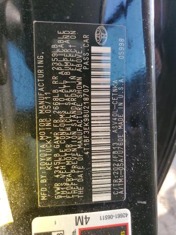 4T1BF3EK9BU218707 - 2011 TOYOTA CAMRY BASE BLACK photo 12