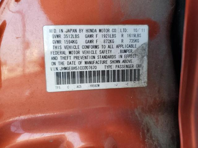 JHMGE8H51CC007670 - 2012 HONDA FIT SPORT ORANGE photo 12