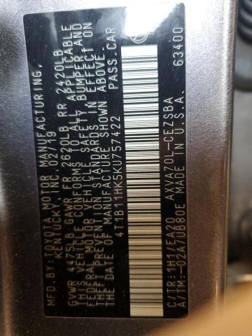 4T1B11HK5KU757422 - 2019 TOYOTA CAMRY L GRAY photo 12