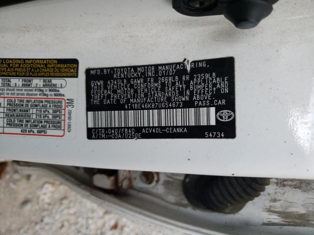 4T1BE46K87U654673 - 2007 TOYOTA CAMRY CE WHITE photo 12