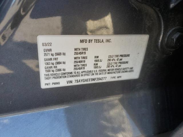 7SAYGAEE9NF394277 - 2022 TESLA MODEL Y GRAY photo 12