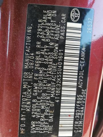 4T1BE32K55U401601 - 2005 TOYOTA CAMRY LE RED photo 12
