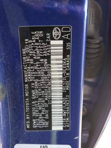 2T1BURHE9KC180072 - 2019 TOYOTA COROLLA L BLUE photo 12