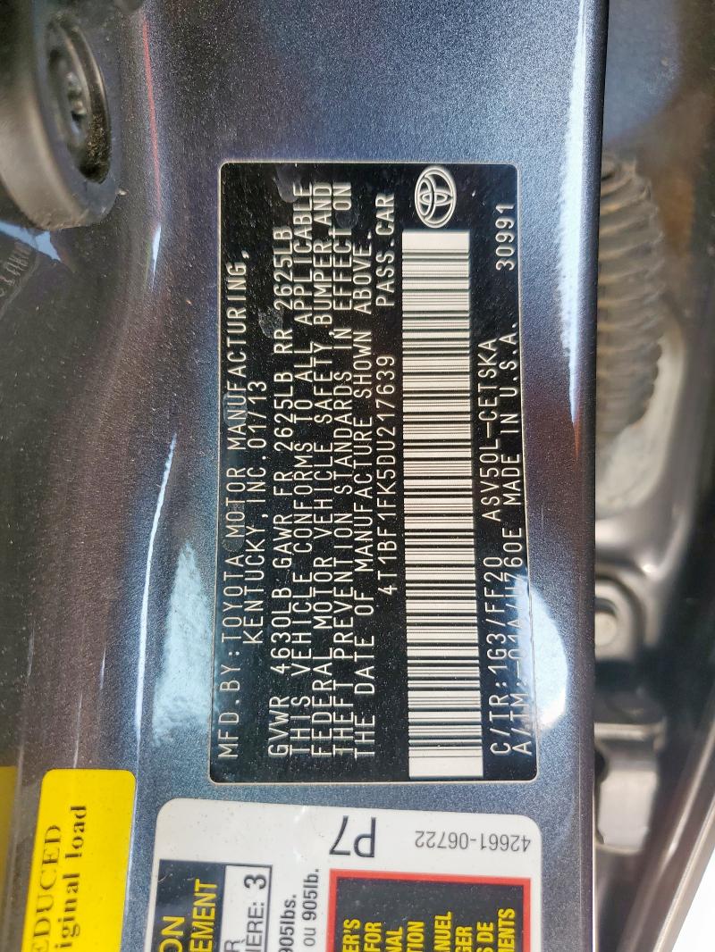 4T1BF1FK5DU217639 - 2013 TOYOTA CAMRY L 灰色 照片 12