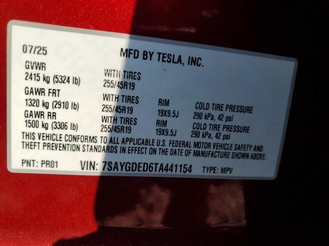 7SAYGDED6TA441154 - 2026 TESLA MODEL Y RED photo 12