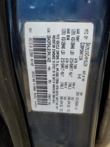 2B4GP54L81R411422 - 2001 DODGE GRAND CARA ES BLUE photo 13