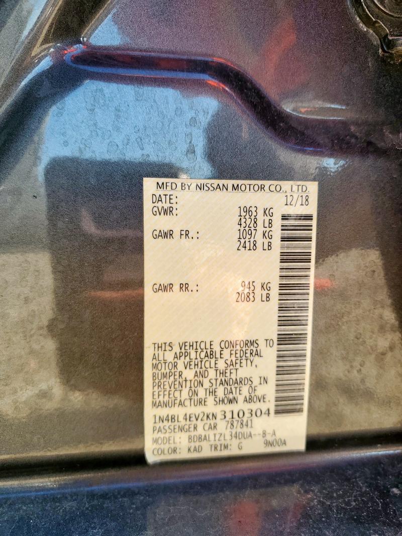 1N4BL4EV2KN310304 - 2019 NISSAN ALTIMA SL 灰色 照片 12