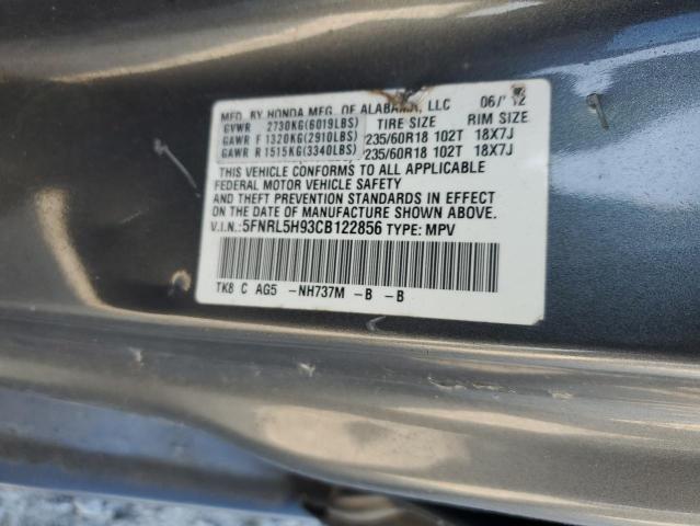 5FNRL5H93CB122856 - 2012 HONDA ODYSSEY TOURING GRAY photo 13