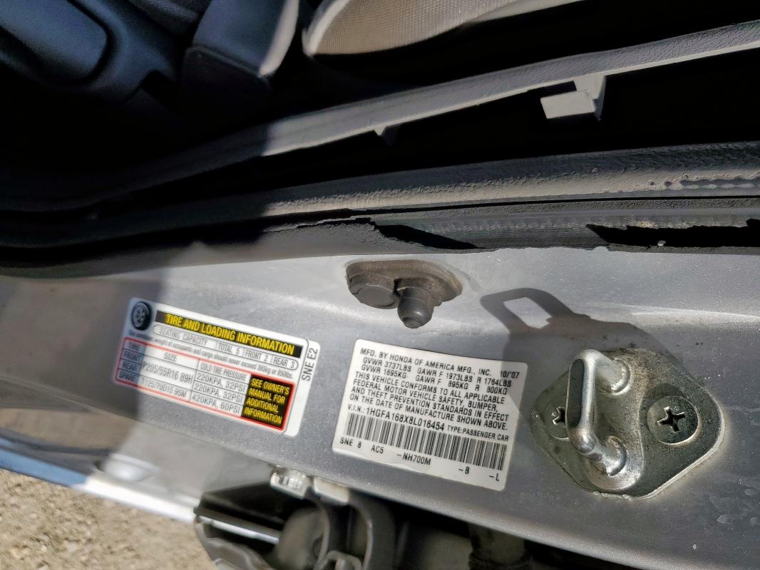 1HGFA168X8L016454 - 2008 HONDA CIVIC EX SILVER photo 12