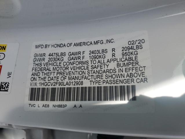 1HGCV2F90LA012908 - 2020 HONDA ACCORD TOURING WHITE photo 12