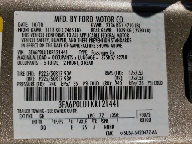 3FA6P0LU1KR121441 - 2019 FORD FUSION SE GOLD photo 12