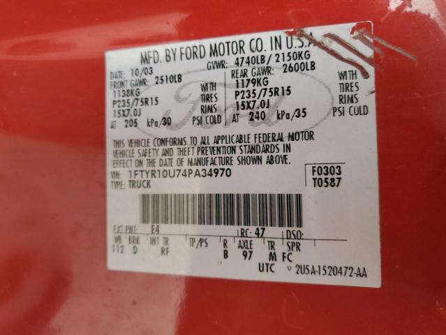 1FTYR10U74PA34970 - 2004 FORD RANGER RED photo 12