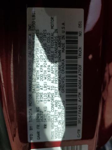 5TEUU42N27Z374545 - 2007 TOYOTA TACOMA ACCESS CAB RED photo 12