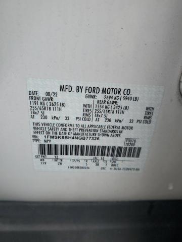 1FMSK8BH4NGB77326 - 2022 FORD EXPLORER WHITE photo 13