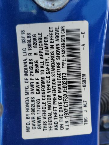 19XFC1F3XJE002873 - 2018 HONDA CIVIC EX ლურჯი ფოტო 12
