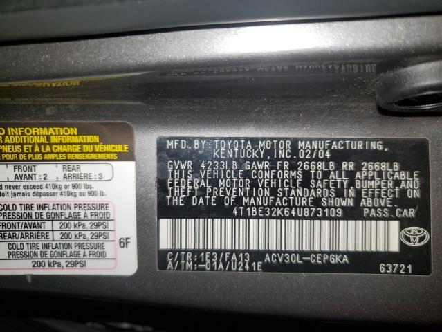 4T1BE32K64U873109 - 2004 TOYOTA CAMRY LE GRAY photo 12