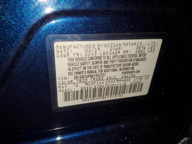 3N1AB7AP8KY353701 - 2019 NISSAN SENTRA S 蓝色 照片 12