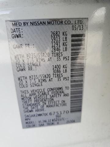 5N1AR2MM7DC675170 - 2013 NISSAN PATHFINDER S WHITE photo 14