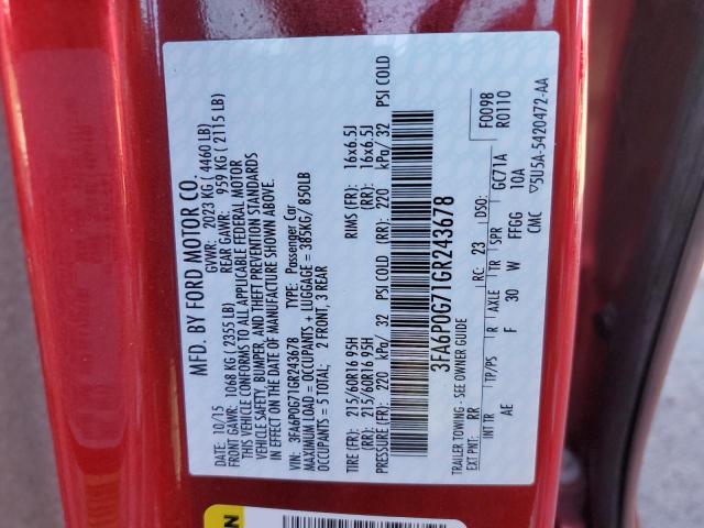 3FA6P0G71GR243678 - 2016 FORD FUSION S RED photo 12