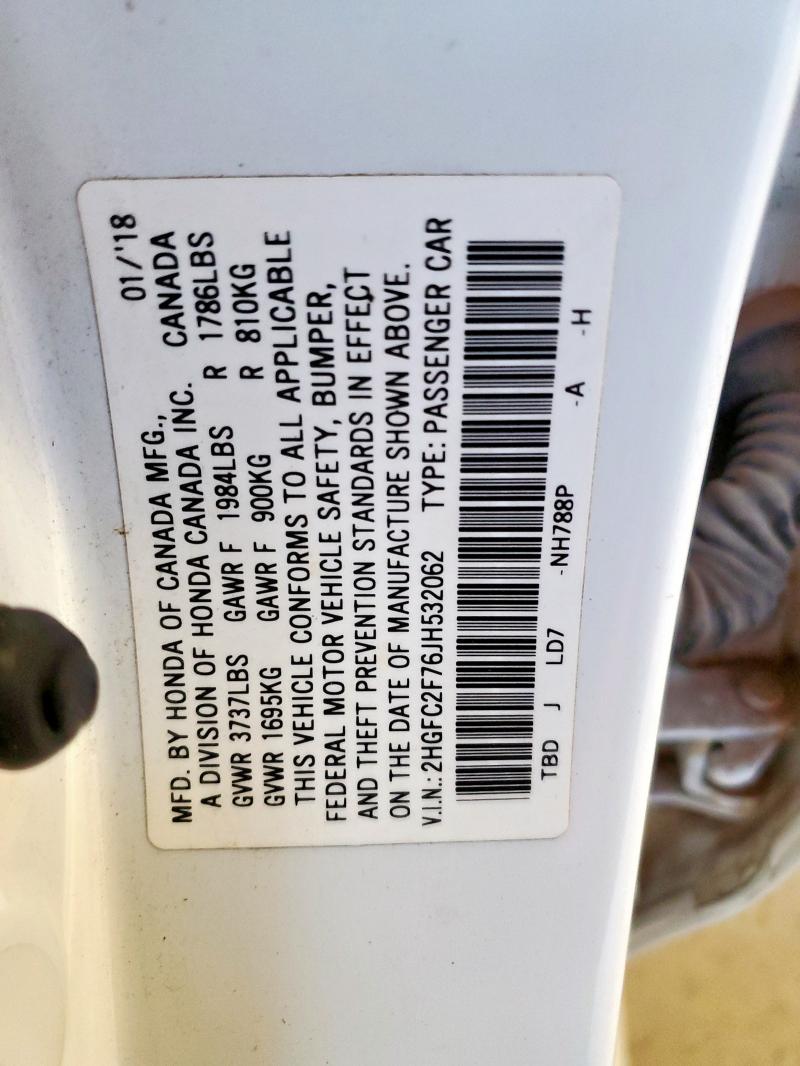 2HGFC2F76JH532062 - 2018 HONDA CIVIC EX Սպիտակ լուսանկար 12