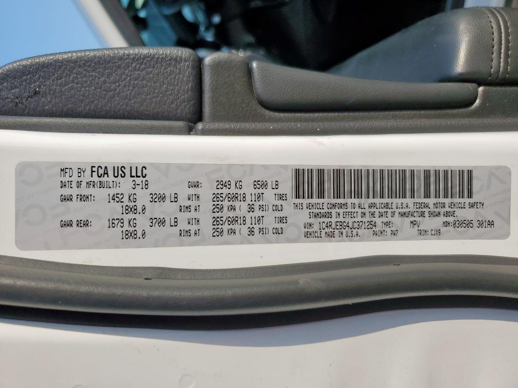 1C4RJEBG4JC371254 - 2018 JEEP GRAND CHER LIMITED WHITE photo 12