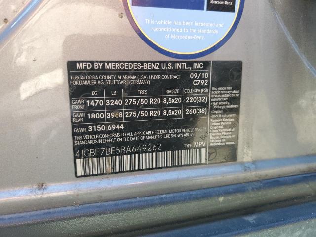 4JGBF7BE5BA649262 - 2011 MERCEDES-BENZ GL 450 4MATIC SILVER photo 12