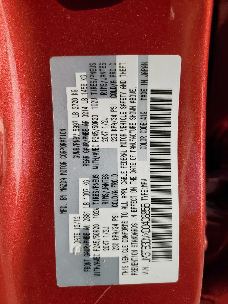 JM3TB3DVXD0408856 - 2013 MAZDA CX-9 GRAND TOURING BURGUNDY photo 12