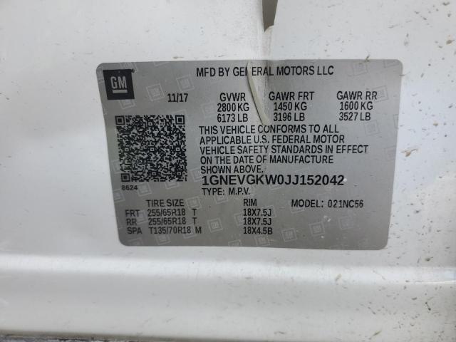 1GNEVGKW0JJ152042 - 2018 CHEVROLET TRAVERSE LT WHITE photo 13