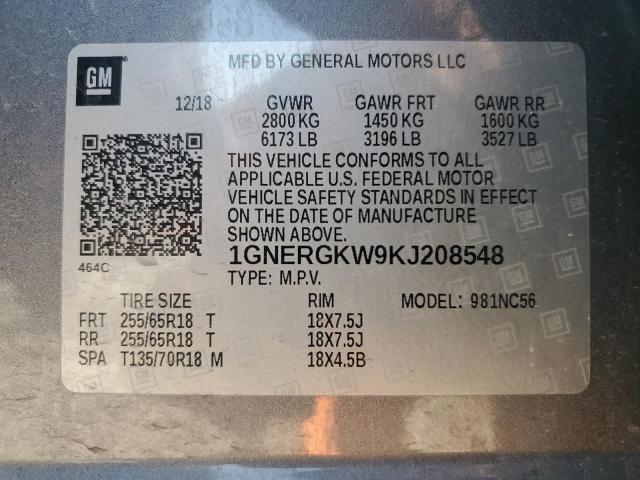 1GNERGKW9KJ208548 - 2019 CHEVROLET TRAVERSE LT Сұр фото 14