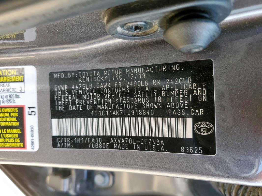 4T1C11AK7LU918840 - 2020 TOYOTA CAMRY LE Մոխրագույն լուսանկար 13