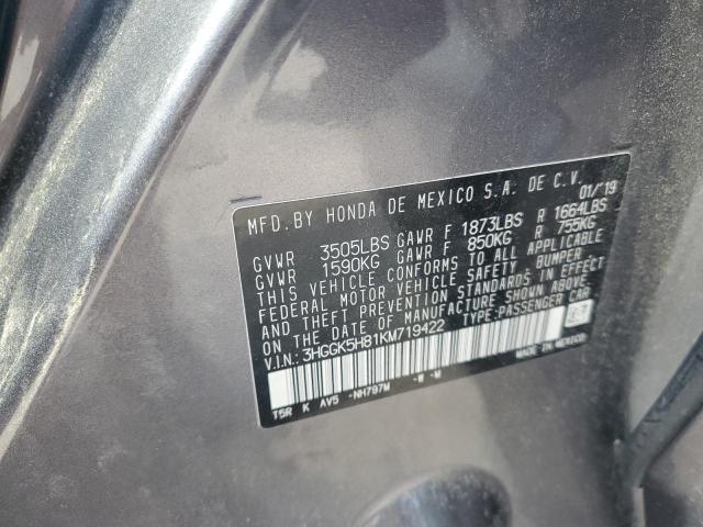 3HGGK5H81KM719422 - 2019 HONDA FIT EX Մոխրագույն լուսանկար 12