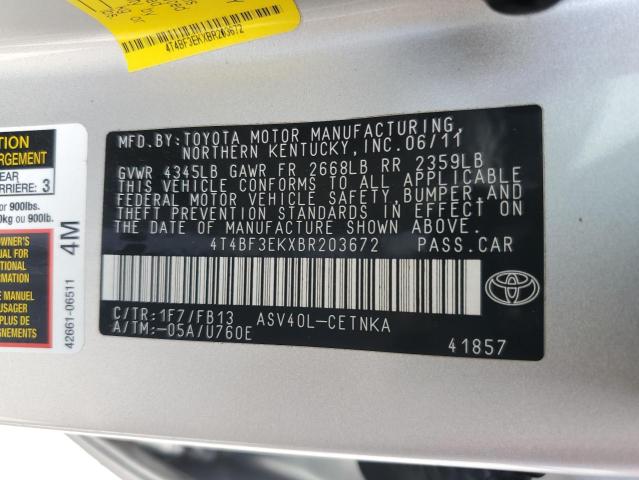 4T4BF3EKXBR203672 - 2011 TOYOTA CAMRY BASE Plata foto 12