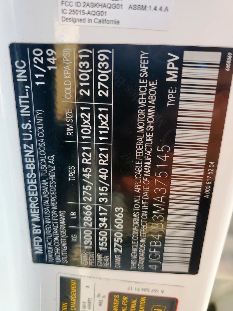 4JGFB4JB3MA375145 - 2021 MERCEDES-BENZ GLE 350 白色 照片 13