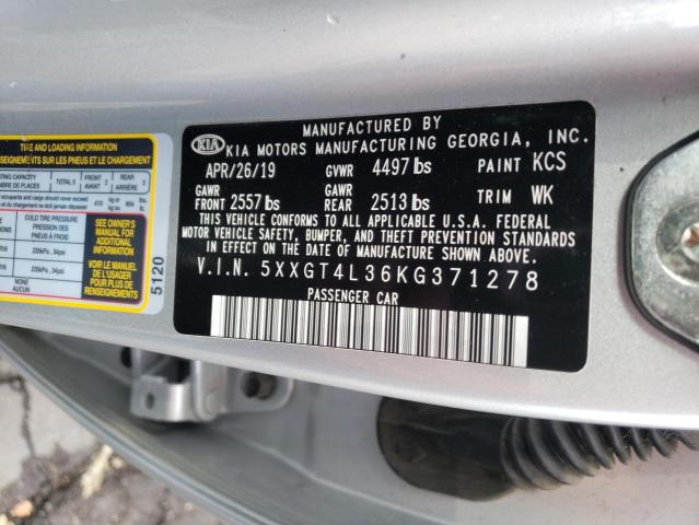 5XXGT4L36KG371278 - 2019 KIA OPTIMA LX ვერცხლისფერი ფოტო 13