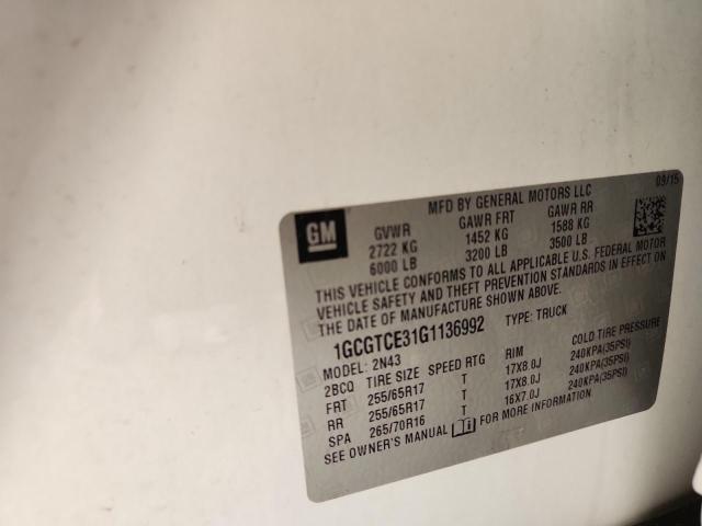 1GCGTCE31G1136992 - 2016 CHEVROLET COLORADO LT WHITE photo 12