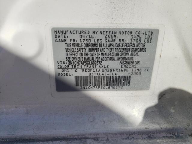 3N1CN7AP5GL892572 - 2016 NISSAN VERSA S WHITE photo 12