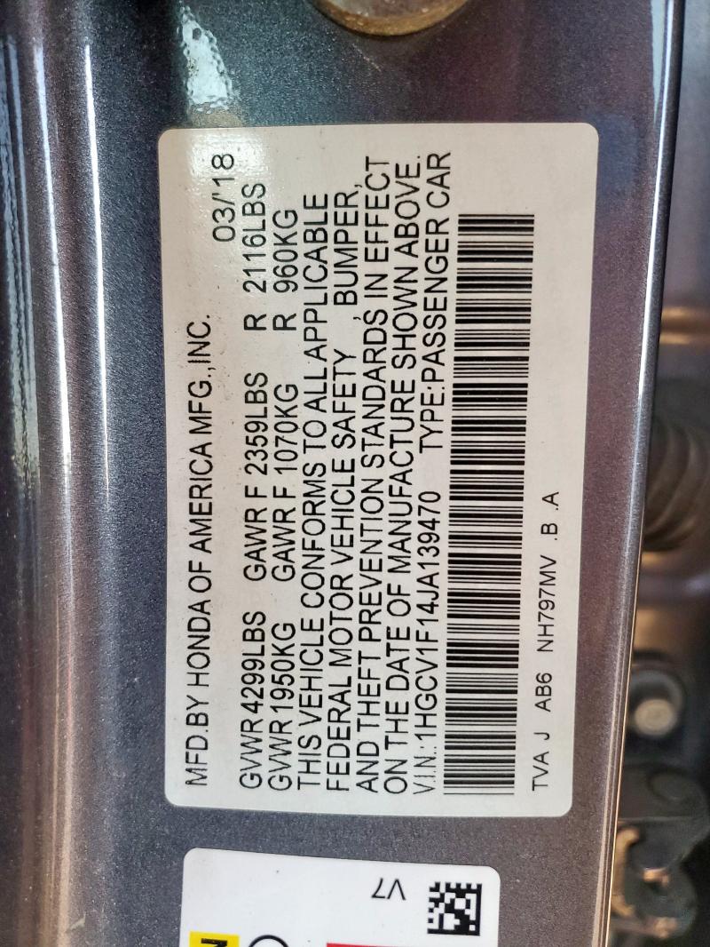 1HGCV1F14JA139470 - 2018 HONDA ACCORD LX Grau Foto 13